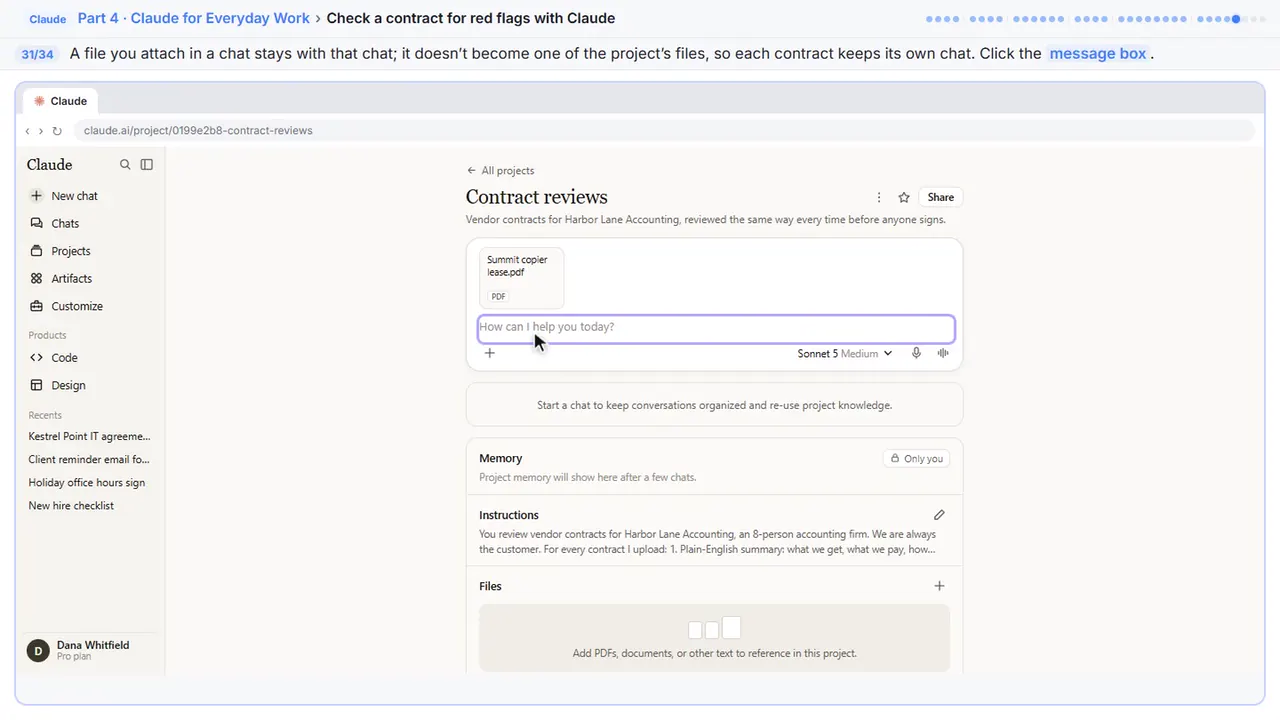 The file picker in Stepthrough’s practice copy, step 31 of 34 (Click the message box): the cursor is on “message box”, highlighted.