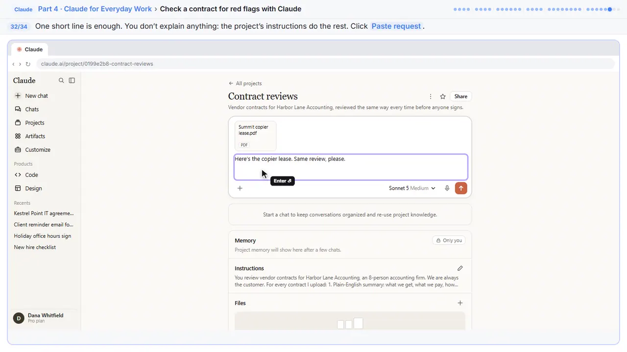 The file picker in Stepthrough’s practice copy, step 32 of 34 (Ask for the same review): the request is filled in (“Here’s the copier lease. Same review, please.”).