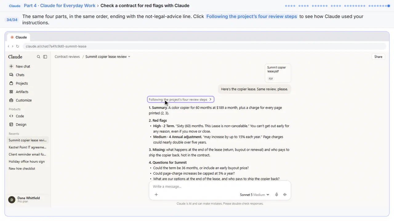 ChatGPT in Stepthrough’s practice copy, step 34 of 34 (See your instructions at work): the cursor is on “Following the project’s four review steps”, highlighted.