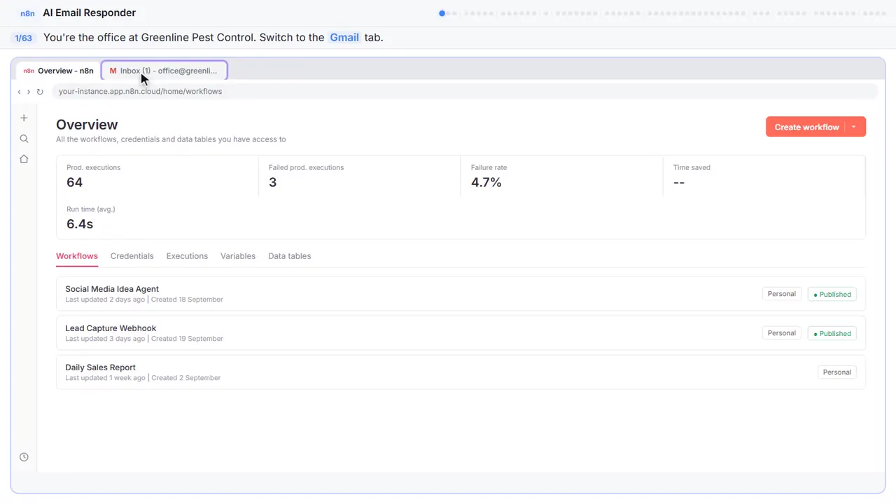 N8n in Stepthrough’s practice copy, step 1 of 63 (Look at the inbox): the cursor is on “Gmail”, highlighted.