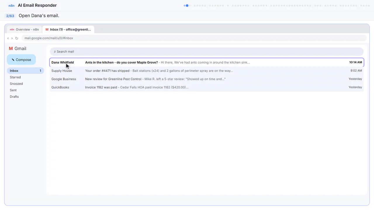 Gmail in Stepthrough’s practice copy, step 2 of 63 (Open the email): the cursor is on “the email”, highlighted.