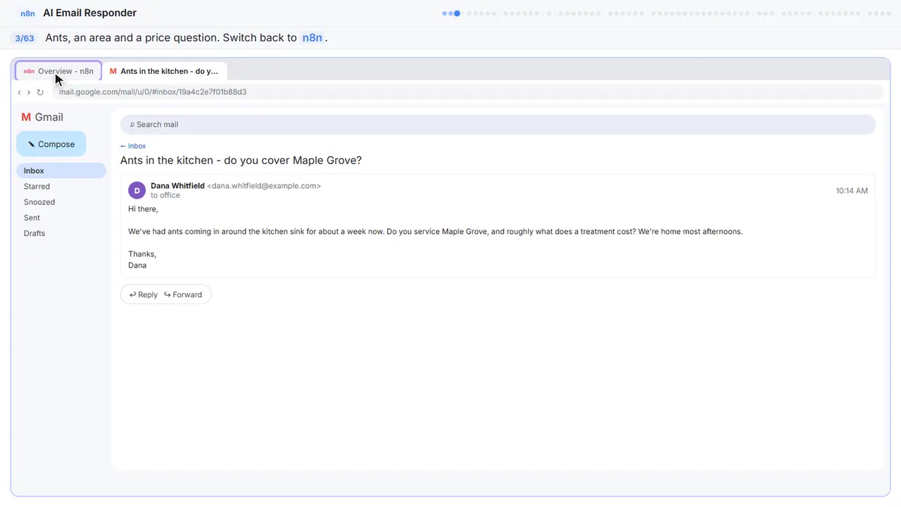 Gmail in Stepthrough’s practice copy, step 3 of 63 (Back to n8n): the cursor is on “n8n”, highlighted.