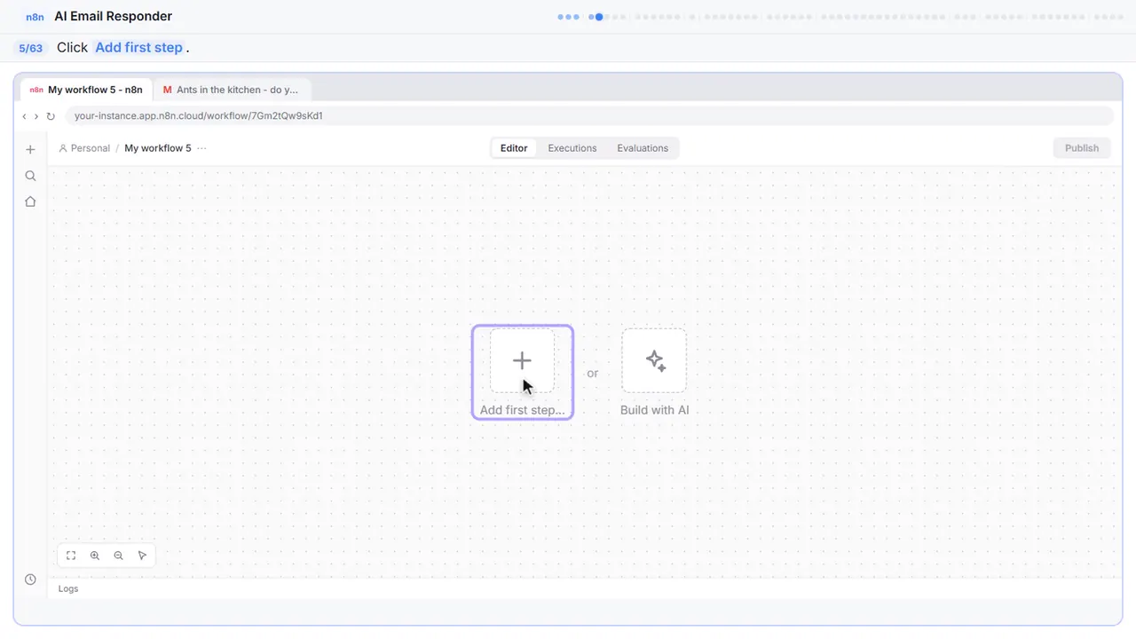 The n8n workflow canvas in Stepthrough’s practice copy, step 5 of 63 (Add the trigger): the cursor is on “Add first step”, highlighted.