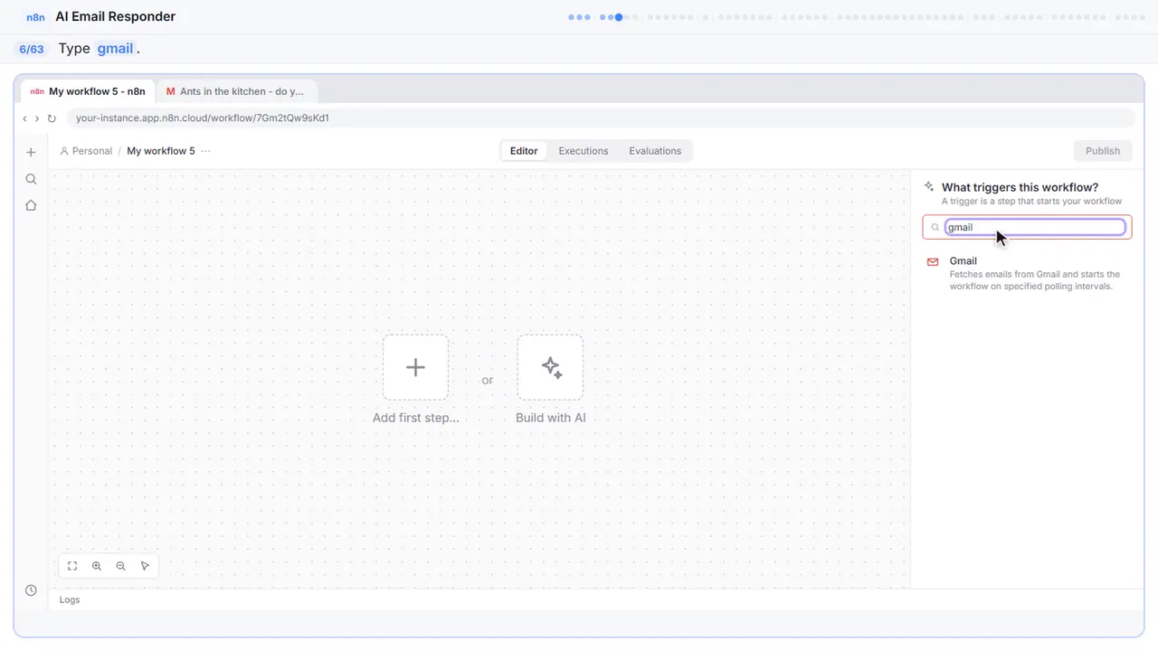 The n8n node list in Stepthrough’s practice copy, step 6 of 63 (Search for Gmail): the gmail is filled in (“gmail”).
