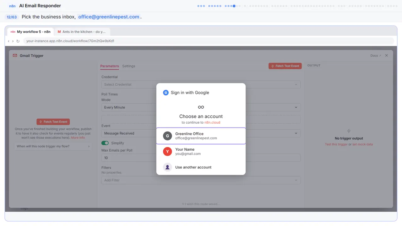 The Google sign-in window in Stepthrough’s practice copy, step 12 of 63 (Pick the inbox): the cursor is on “office@greenlinepest.com”, highlighted.