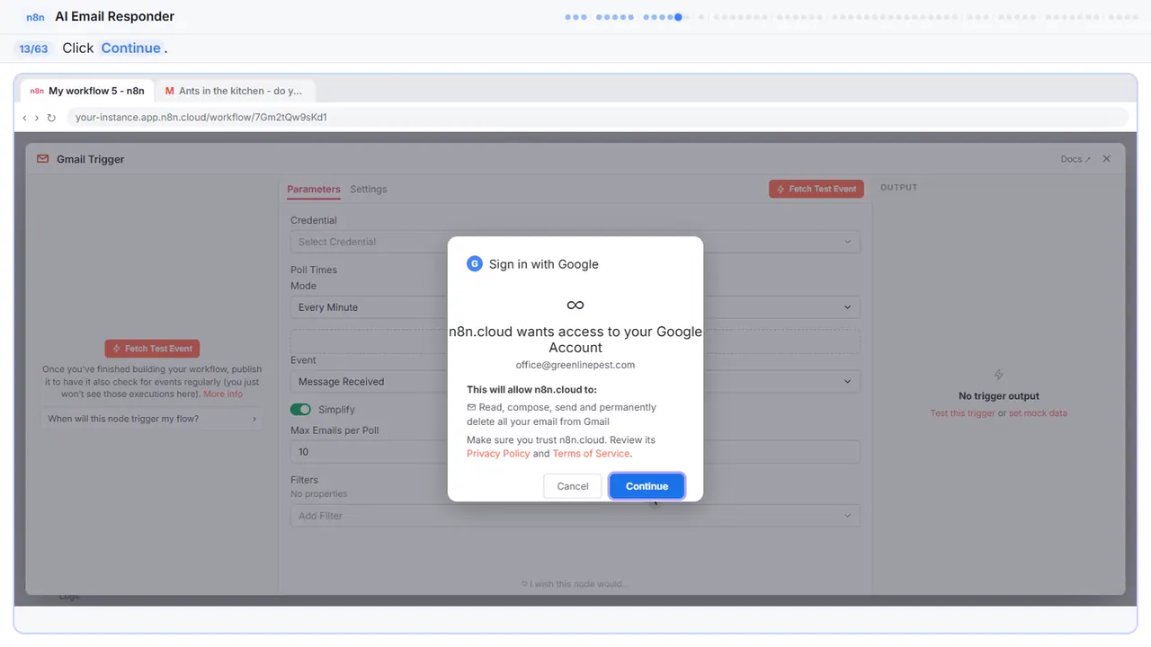 The Google sign-in window in Stepthrough’s practice copy, step 13 of 63 (Allow access): the cursor is on “Continue”, highlighted.