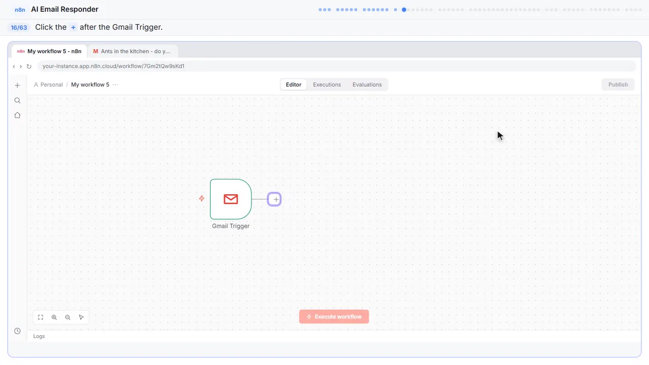 The n8n workflow canvas in Stepthrough’s practice copy, step 16 of 63 (Add the next step): the cursor is on “+”, highlighted.