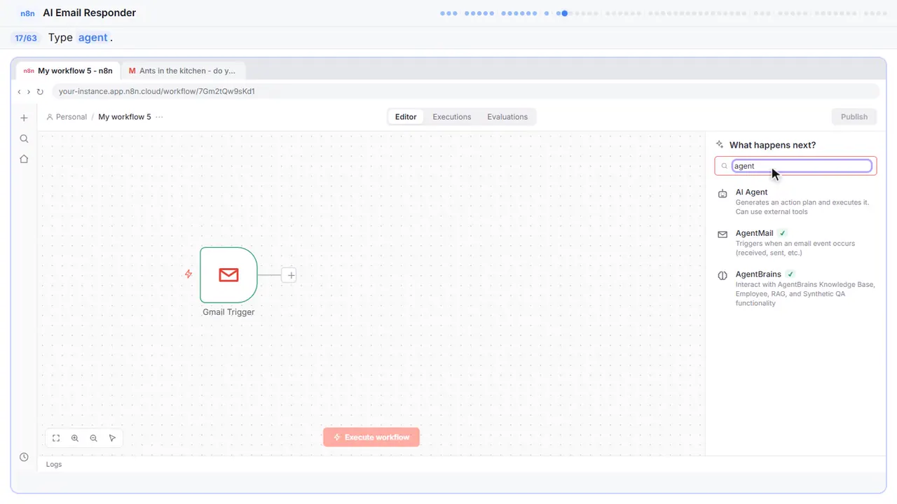 The n8n node list in Stepthrough’s practice copy, step 17 of 63 (Search for the agent): the agent is filled in (“agent”).