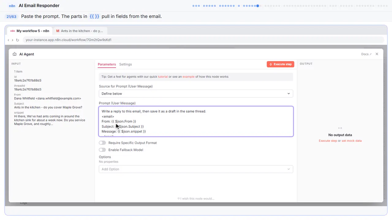 An n8n node’s settings window in Stepthrough’s practice copy, step 21 of 63 (Write the prompt): the prompt is filled in (“Write a reply to this email, then save it as a…”).