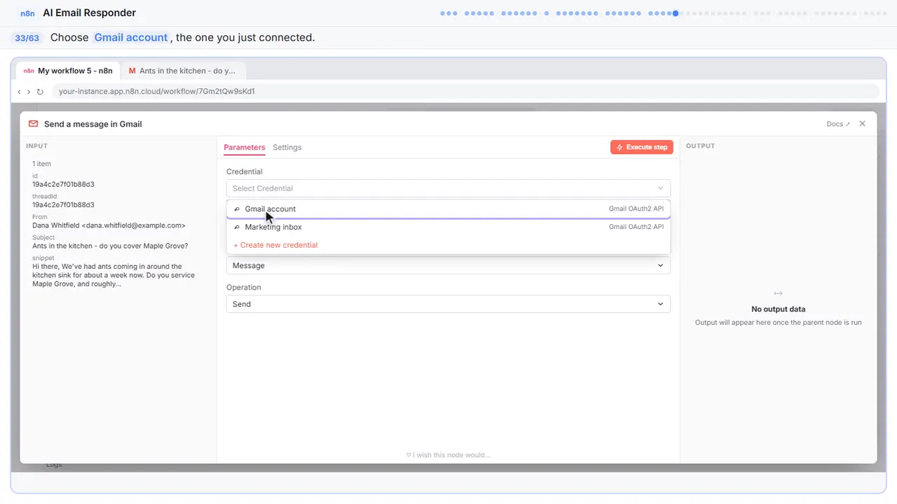 A dropdown menu in n8n in Stepthrough’s practice copy, step 33 of 63 (Same Gmail account): the cursor is on “Gmail account”, highlighted.