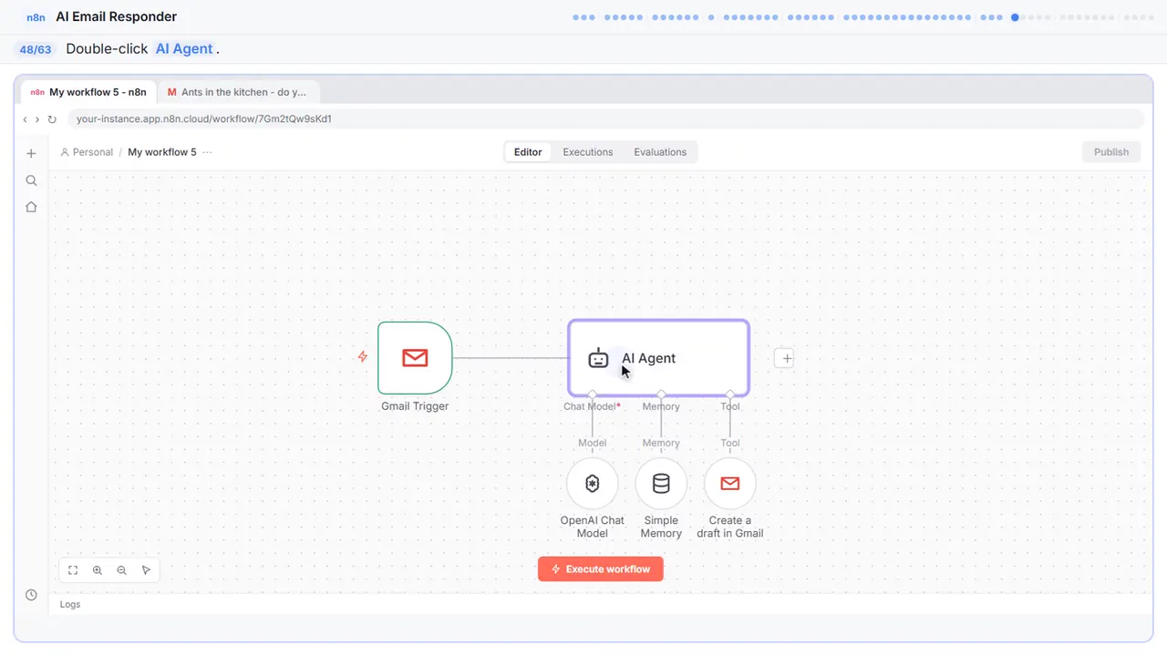 The n8n workflow canvas in Stepthrough’s practice copy, step 48 of 63 (Open the agent): the cursor is on “AI Agent”, highlighted.