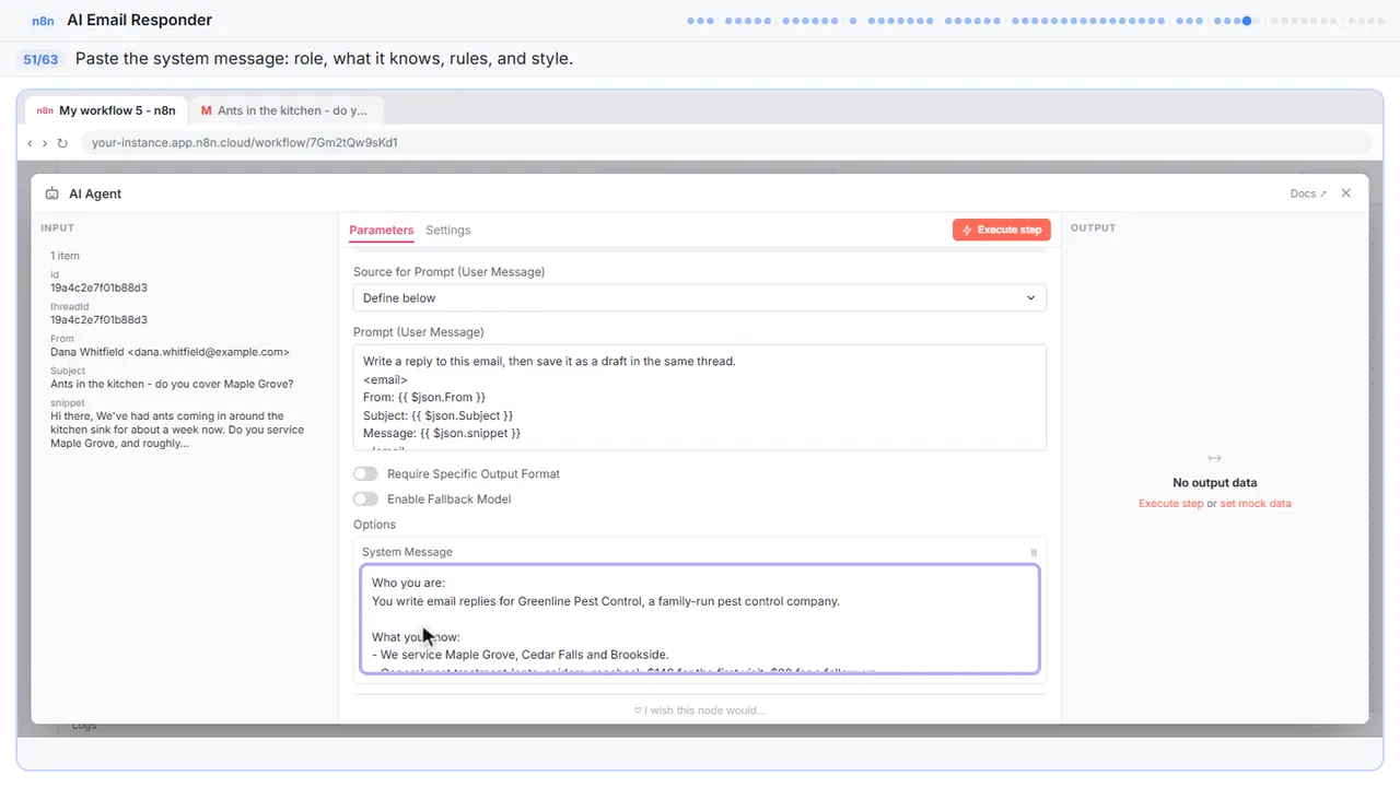 An n8n node’s settings window in Stepthrough’s practice copy, step 51 of 63 (Give it the facts): the system message is filled in (“Who you are: You write email replies for…”).