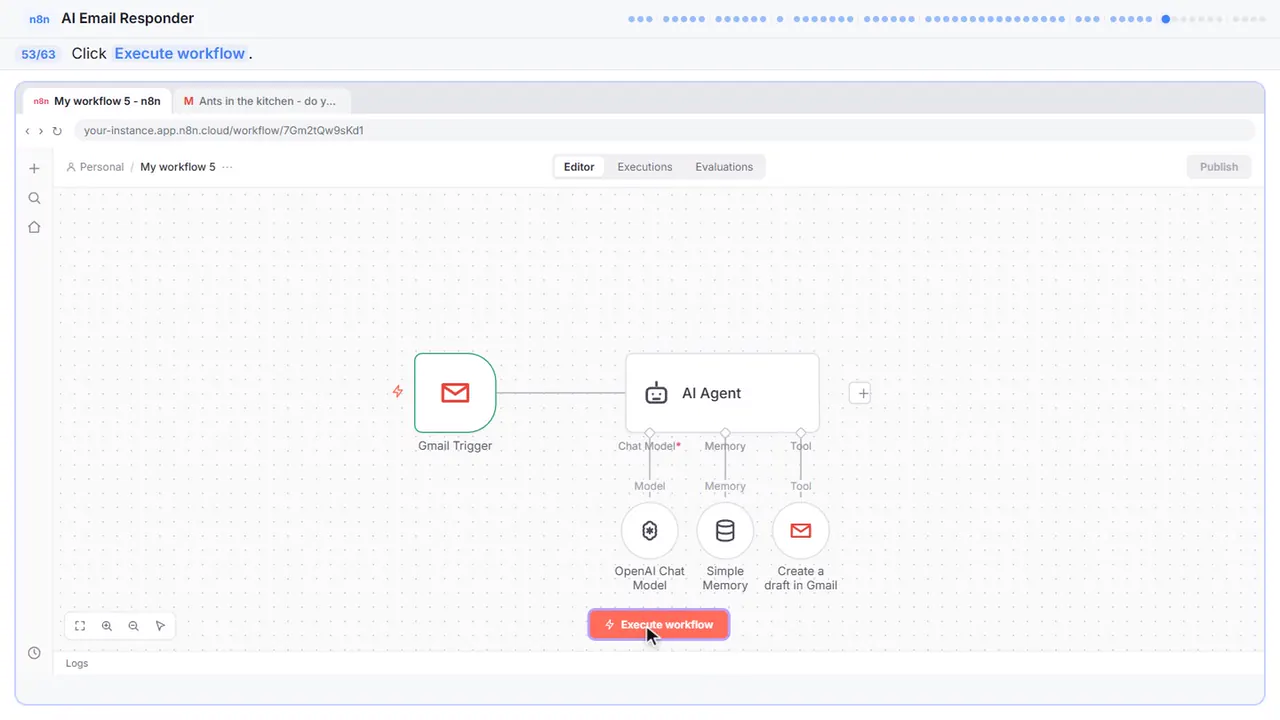 The n8n workflow editor in Stepthrough’s practice copy, step 53 of 63 (Test it): the cursor is on “Execute workflow”, highlighted.