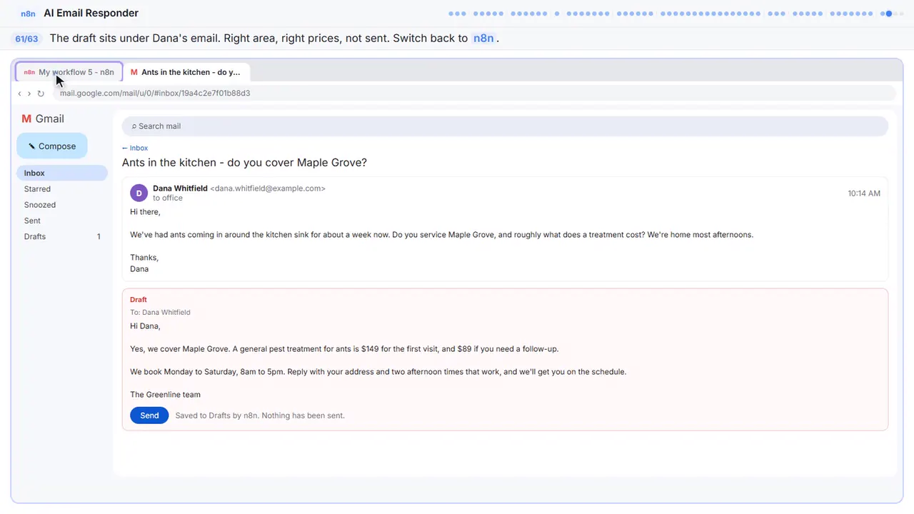 Gmail in Stepthrough’s practice copy, step 61 of 63 (Read the draft, then go back): the cursor is on “n8n”, highlighted.