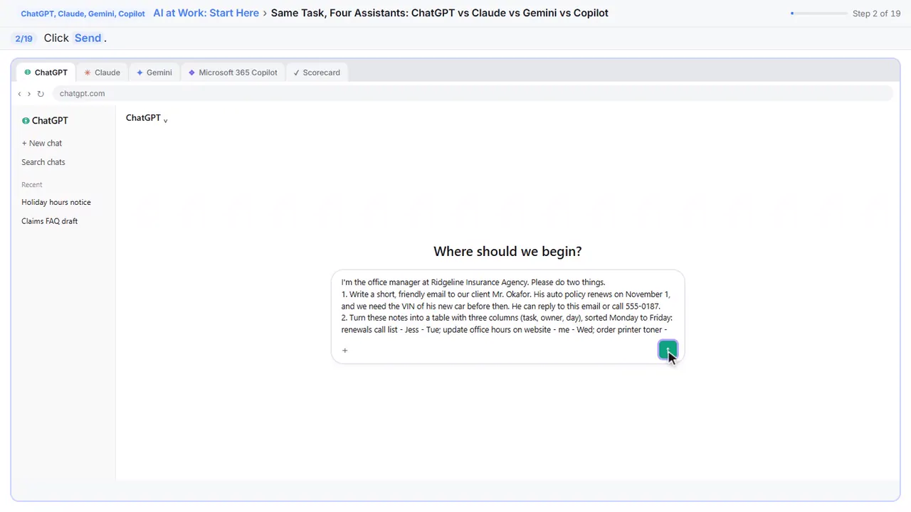 ChatGPT, Claude, Gemini, Copilot in Stepthrough’s practice copy, step 2 of 19 (Send it): the cursor is on “Send”, highlighted.