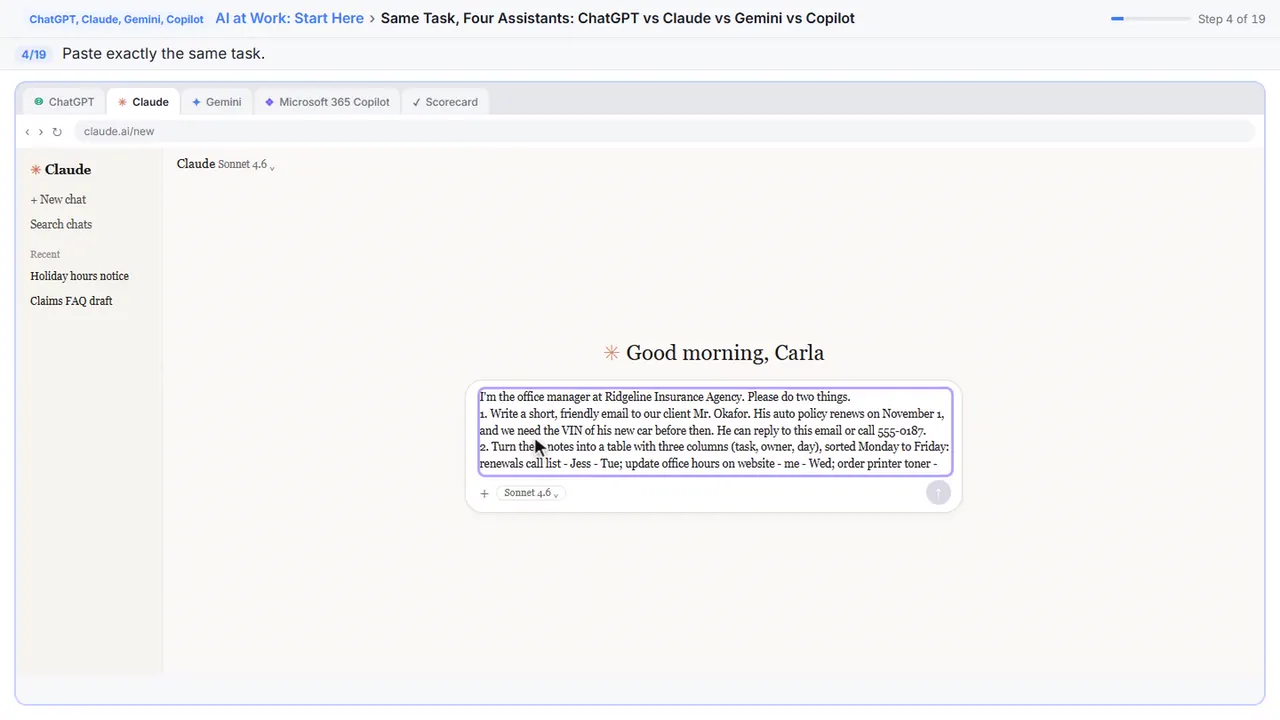 ChatGPT, Claude, Gemini, Copilot in Stepthrough’s practice copy, step 4 of 19 (Same task, word for word): the the task is filled in (“I'm the office manager at Ridgeline Insurance…”).