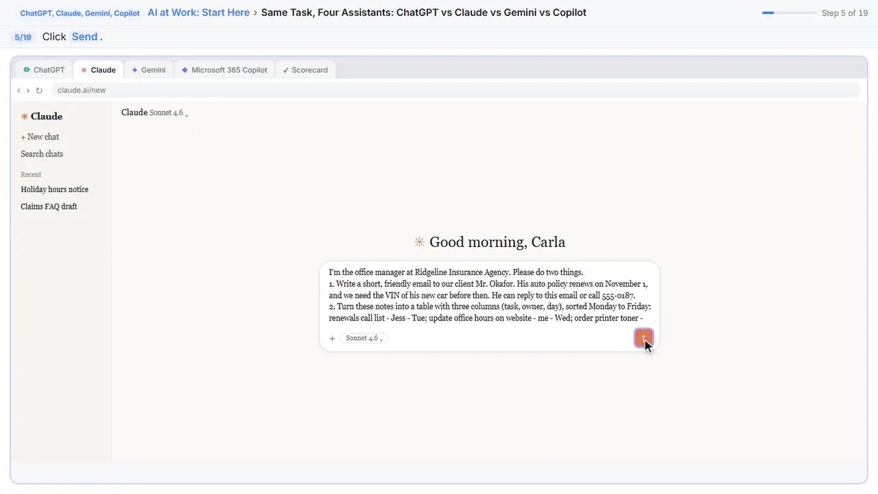 ChatGPT, Claude, Gemini, Copilot in Stepthrough’s practice copy, step 5 of 19 (Send it): the cursor is on “Send”, highlighted.