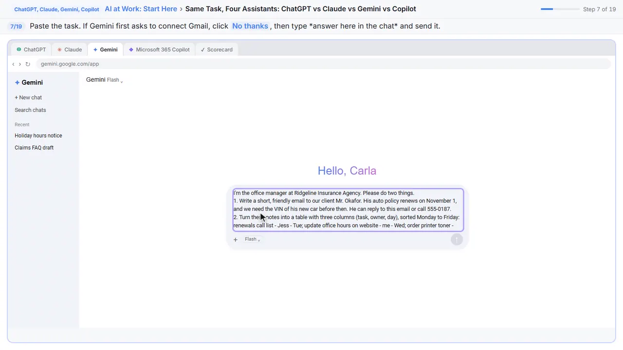 ChatGPT, Claude, Gemini, Copilot in Stepthrough’s practice copy, step 7 of 19 (Same task again): the the task is filled in (“I'm the office manager at Ridgeline Insurance…”).