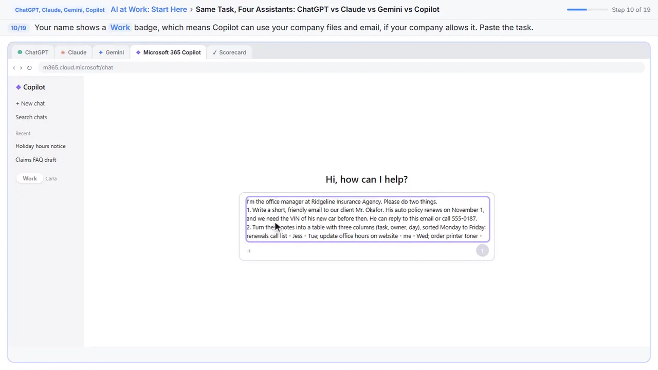ChatGPT, Claude, Gemini, Copilot in Stepthrough’s practice copy, step 10 of 19 (Same task in Copilot): the the task is filled in (“I'm the office manager at Ridgeline Insurance…”).