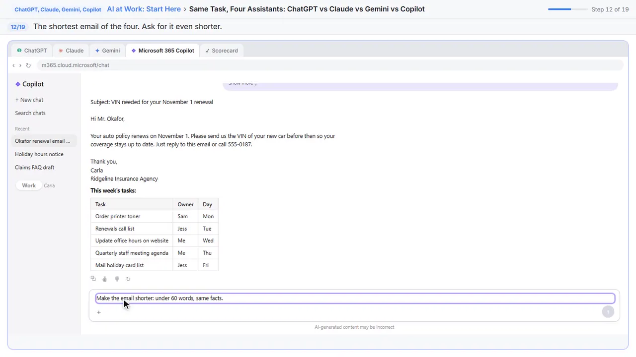 ChatGPT, Claude, Gemini, Copilot in Stepthrough’s practice copy, step 12 of 19 (Ask for a change): the the follow-up is filled in (“Make the email shorter: under 60 words, same…”).