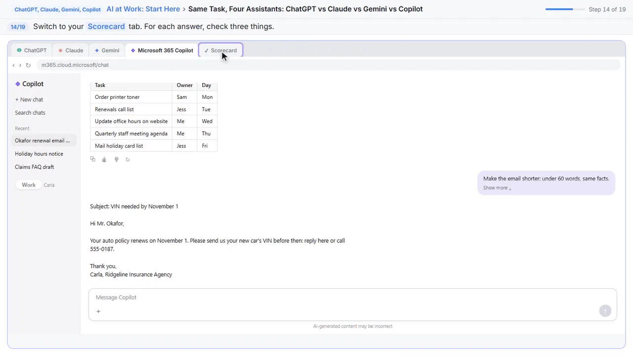 ChatGPT, Claude, Gemini, Copilot in Stepthrough’s practice copy, step 14 of 19 (Open your scorecard): the cursor is on “Scorecard”, highlighted.