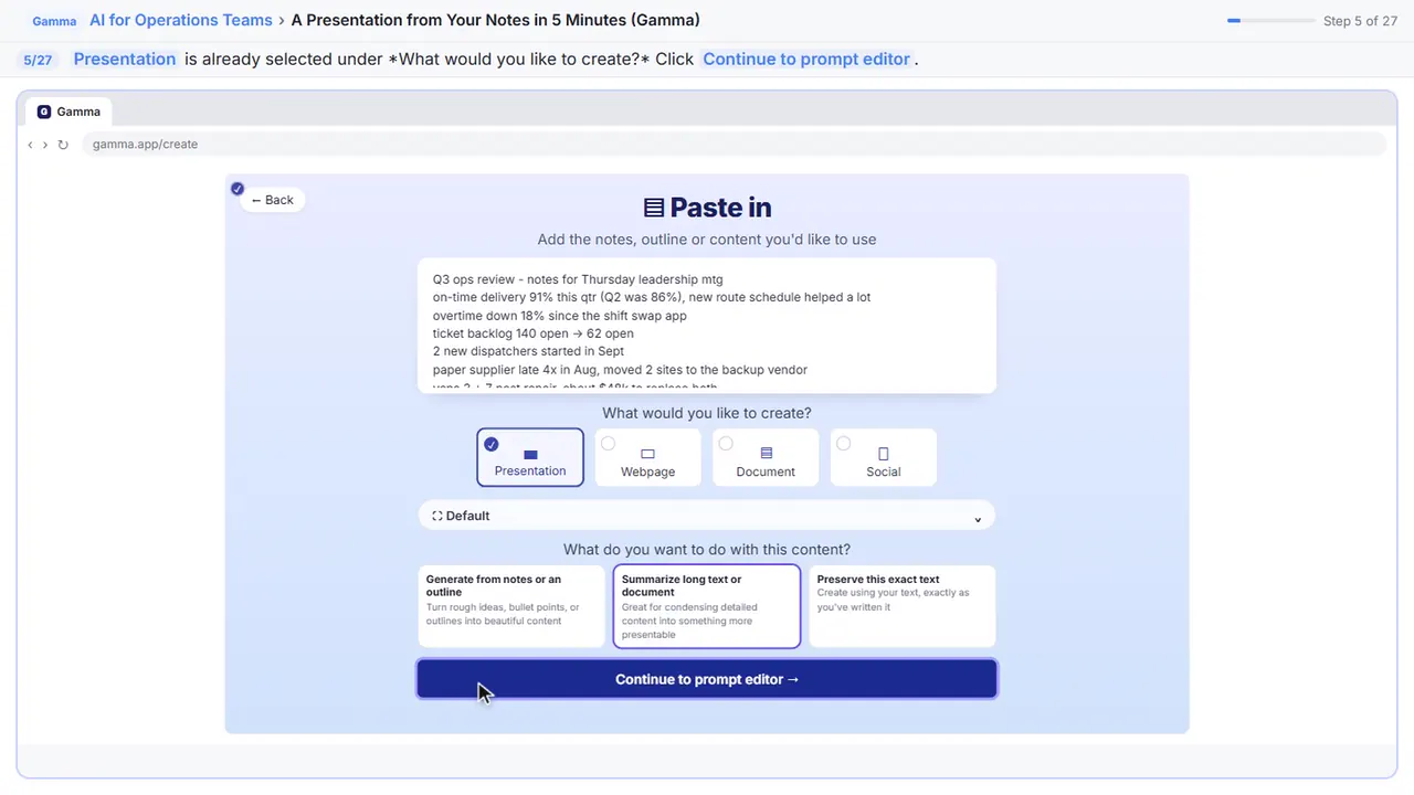 Gamma in Stepthrough’s practice copy, step 5 of 27 (Continue): the cursor is on “Presentation”, highlighted.