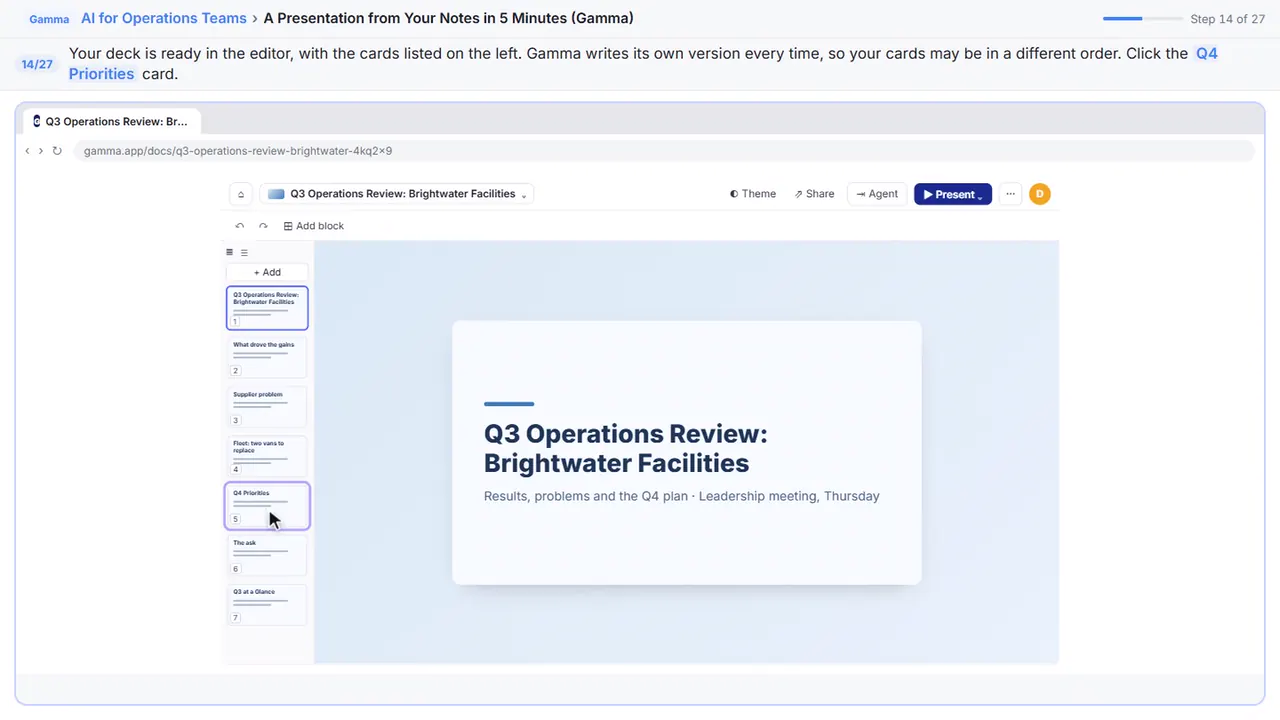 The n8n workflow editor in Stepthrough’s practice copy, step 14 of 27 (Go to the Q4 plan): the cursor is on “Q4 Priorities”, highlighted.