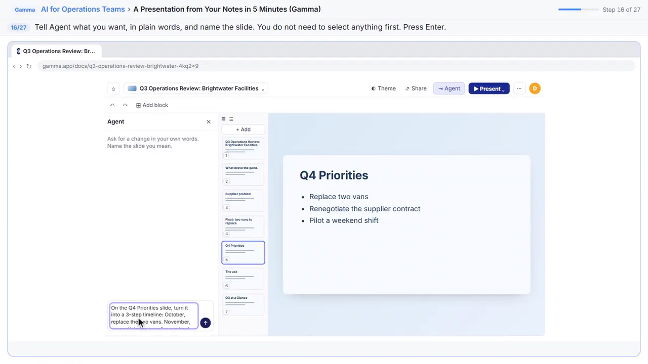 The n8n workflow editor in Stepthrough’s practice copy, step 16 of 27 (Ask for the change): the message is filled in (“On the Q4 Priorities slide, turn it into a…”).