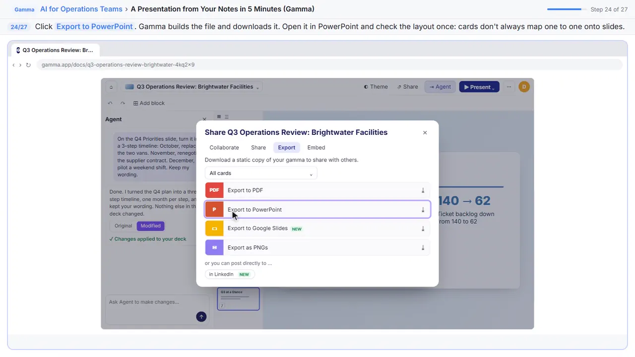 The n8n workflow editor in Stepthrough’s practice copy, step 24 of 27 (Export to PowerPoint): the cursor is on “Export to PowerPoint”, highlighted.