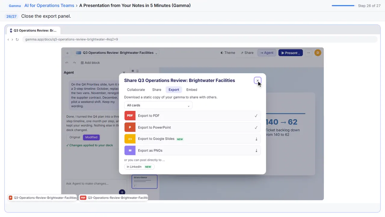The n8n workflow editor in Stepthrough’s practice copy, step 26 of 27 (Close): the cursor is on “Close”, highlighted.