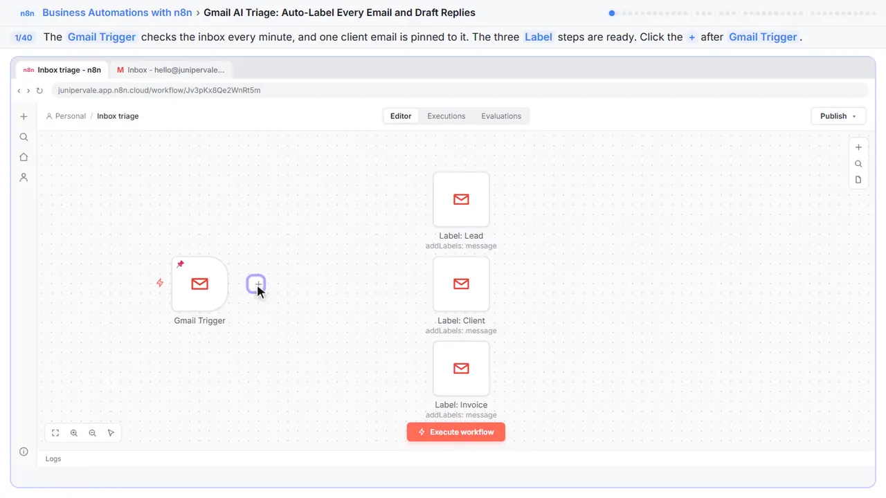 The n8n workflow canvas in Stepthrough’s practice copy, step 1 of 40 (Add the next step): the cursor is on “Gmail Trigger”, highlighted.