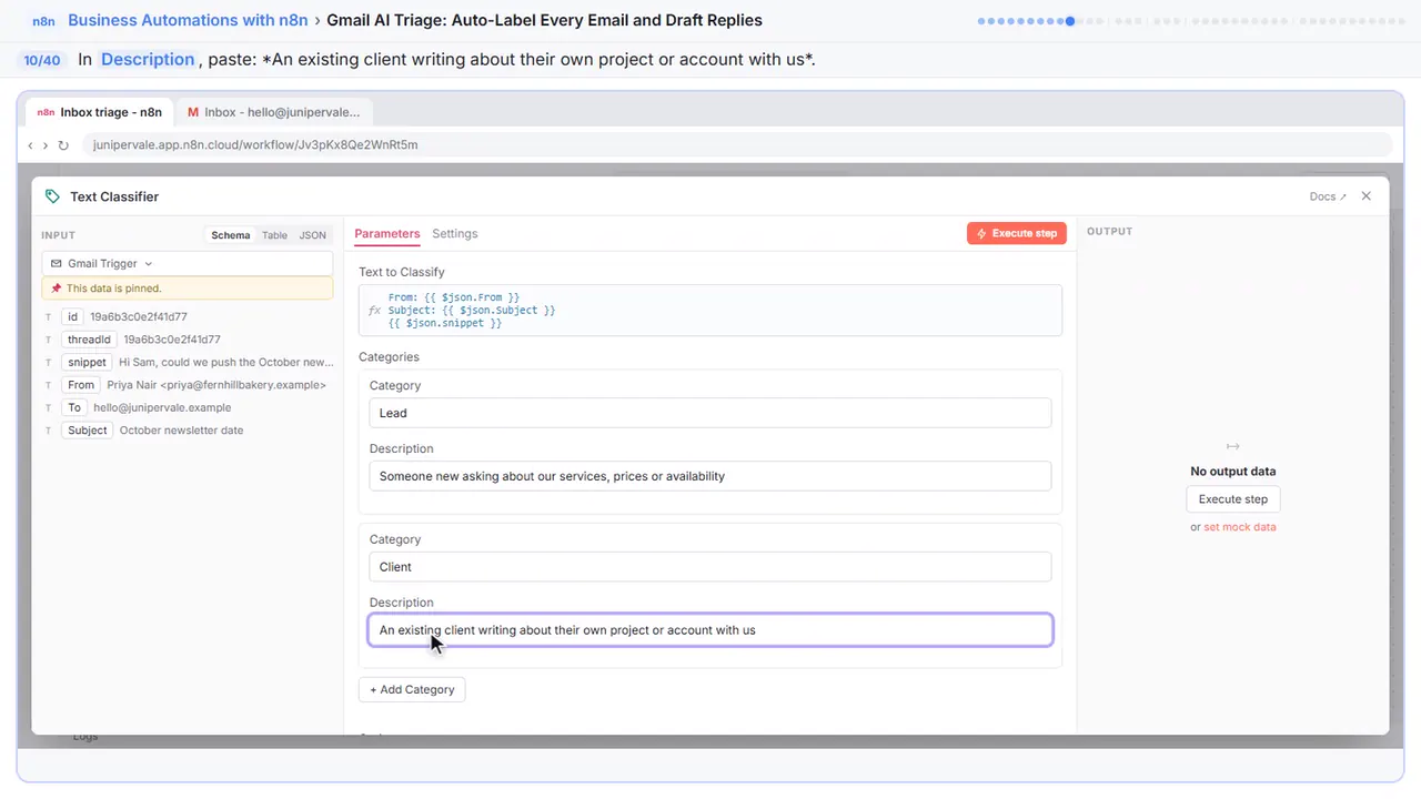 An n8n node’s settings window in Stepthrough’s practice copy, step 10 of 40 (Describe it): the description is filled in (“An existing client writing about their own…”).