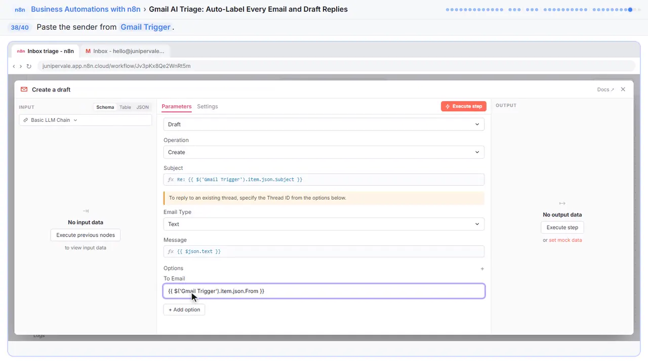 An n8n node’s settings window in Stepthrough’s practice copy, step 38 of 40 (Reply to the sender): the expression is filled in (“{{ $('Gmail Trigger').item.json.From }}”).
