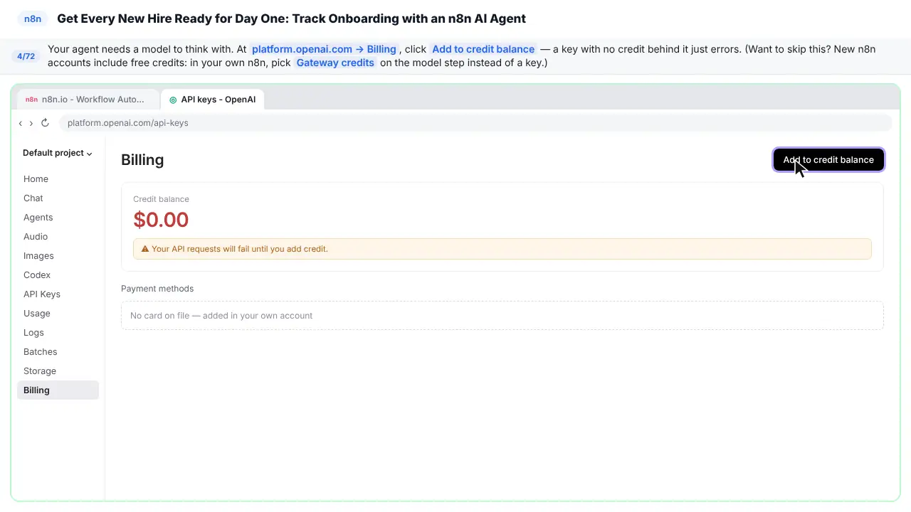 The OpenAI platform billing page in Stepthrough’s practice copy, step 4 of 72 (Add credit first): the cursor is on “Add to credit balance”, highlighted.