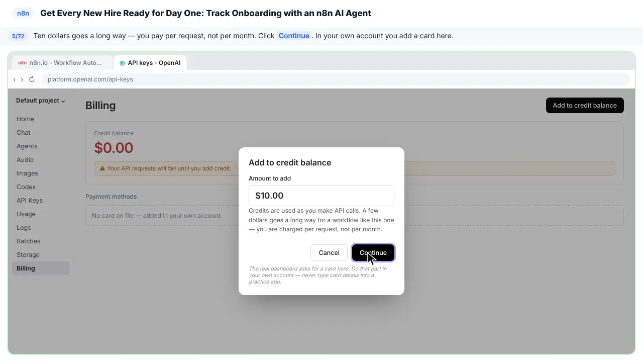 The OpenAI platform billing page in Stepthrough’s practice copy, step 5 of 72 (Ten dollars is plenty): the cursor is on “Continue”, highlighted.