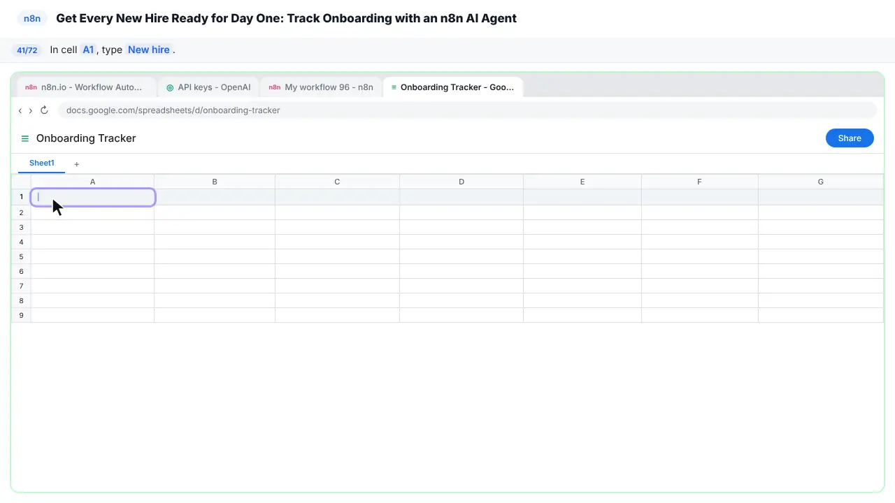 Google Sheets in Stepthrough’s practice copy, step 41 of 72 (Type the first column header): the cursor is on “A1”, highlighted.