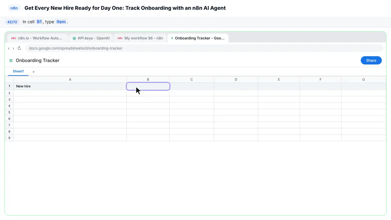 Google Sheets in Stepthrough’s practice copy, step 42 of 72 (Item): the cursor is on “B1”, highlighted.