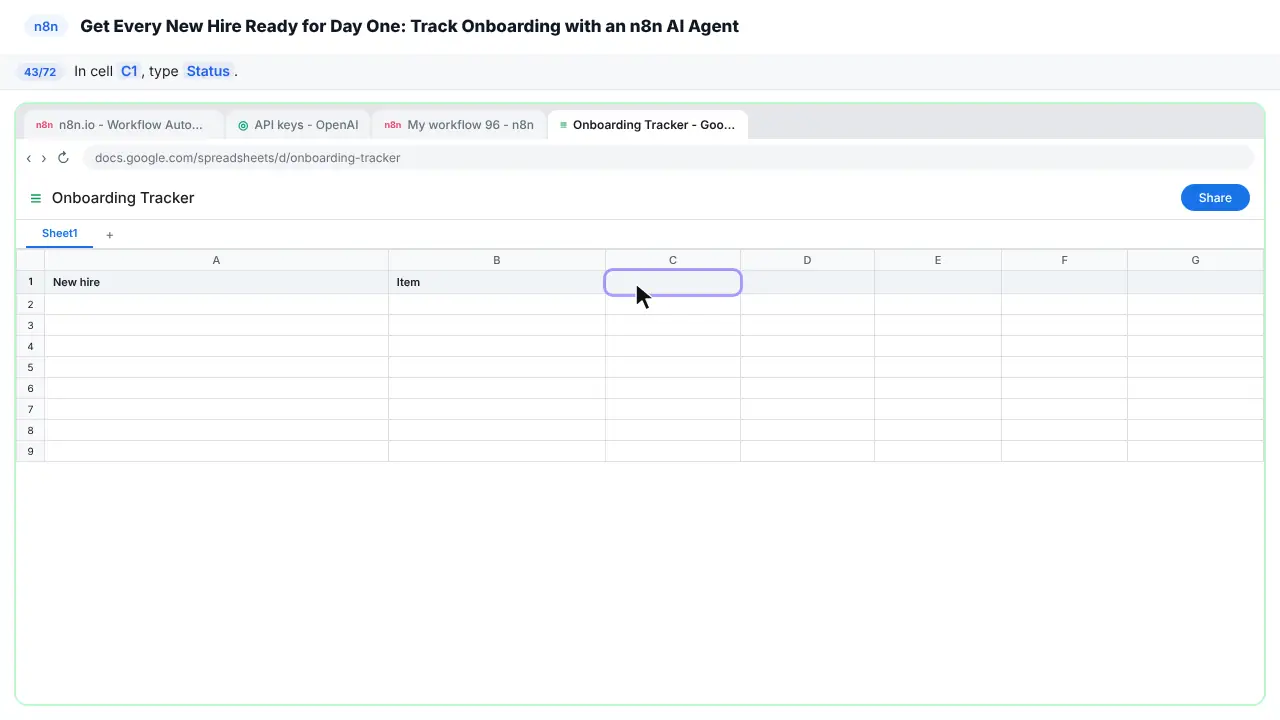 Google Sheets in Stepthrough’s practice copy, step 43 of 72 (Status): the cursor is on “C1”, highlighted.