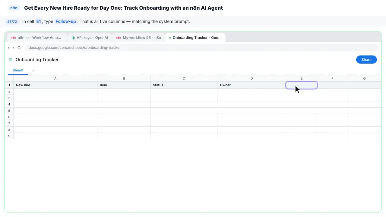 Google Sheets in Stepthrough’s practice copy, step 45 of 72 (Follow-up): the cursor is on “E1”, highlighted.