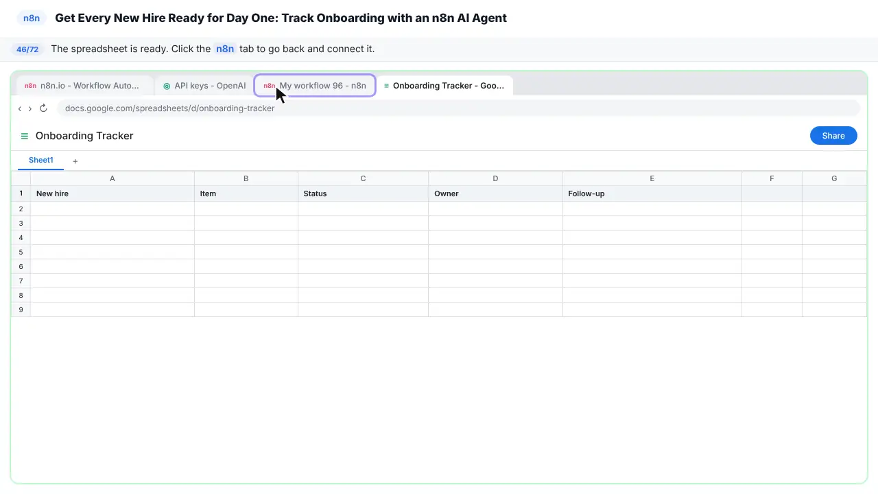 Google Sheets in Stepthrough’s practice copy, step 46 of 72 (Back to n8n): the cursor is on “n8n”, highlighted.