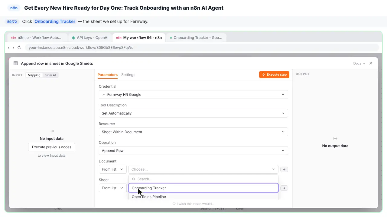 A dropdown menu in n8n in Stepthrough’s practice copy, step 59 of 72 (Onboarding Tracker): the cursor is on “Onboarding Tracker”, highlighted.