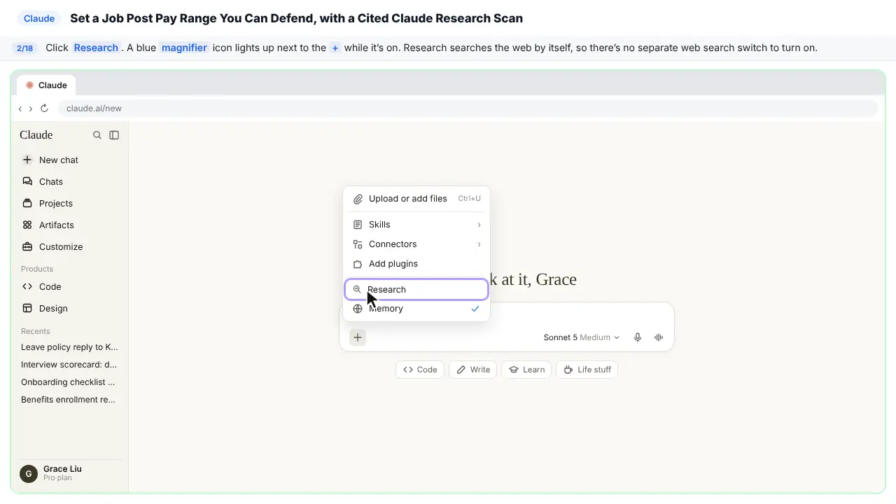 Claude in Stepthrough’s practice copy, step 2 of 18 (Choose Research): the cursor is on “Research”, highlighted.