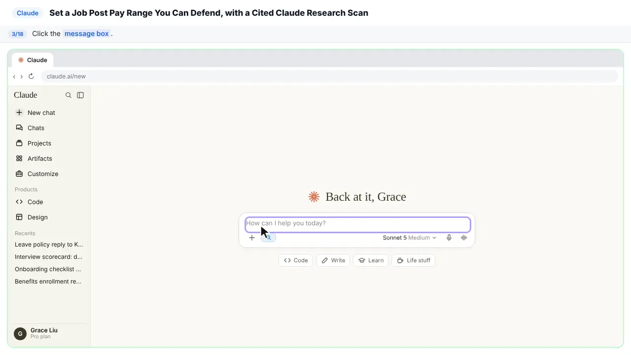 Claude in Stepthrough’s practice copy, step 3 of 18 (Click the message box): the cursor is on “message box”, highlighted.