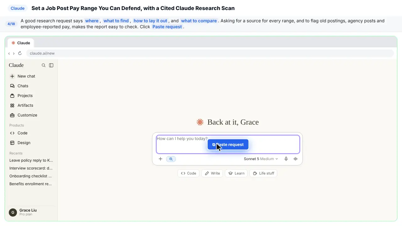 Claude in Stepthrough’s practice copy, step 4 of 18 (Ask for a pay range scan): the request is ready to paste, highlighted.