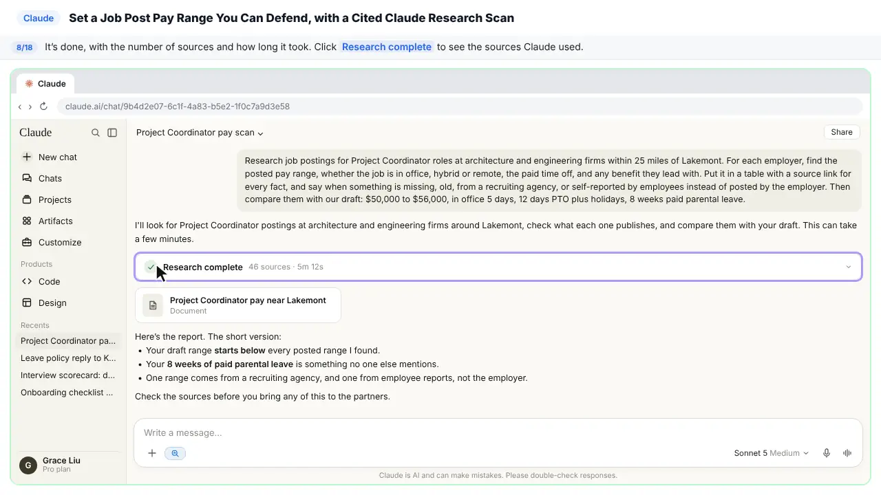 Claude in Stepthrough’s practice copy, step 8 of 18 (Look at the sources): the cursor is on “Research complete”, highlighted.
