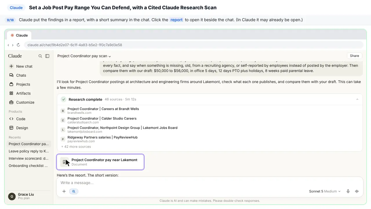 Claude in Stepthrough’s practice copy, step 9 of 18 (Open the report): the cursor is on “report”, highlighted.