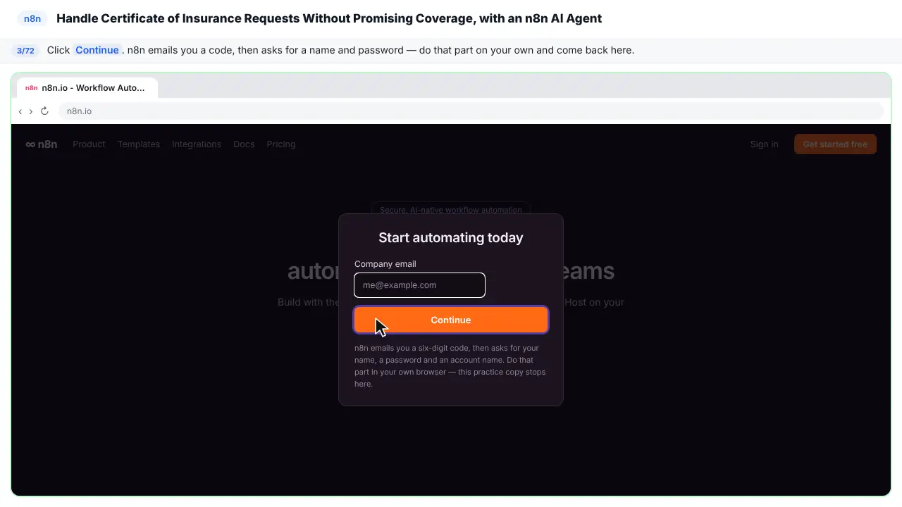 The n8n sign-up form in Stepthrough’s practice copy, step 3 of 72 (Sign up): the cursor is on “Continue”, highlighted.