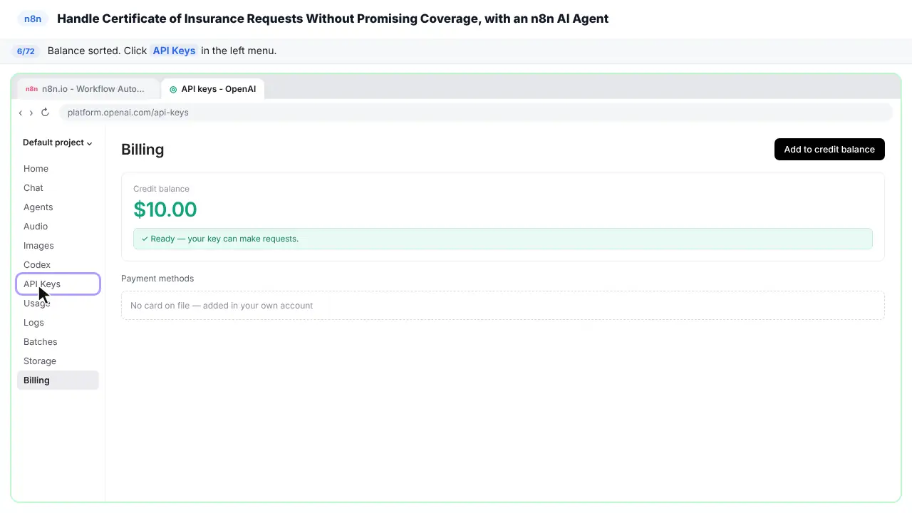 The OpenAI platform billing page in Stepthrough’s practice copy, step 6 of 72 (Now the key): the cursor is on “API Keys”, highlighted.