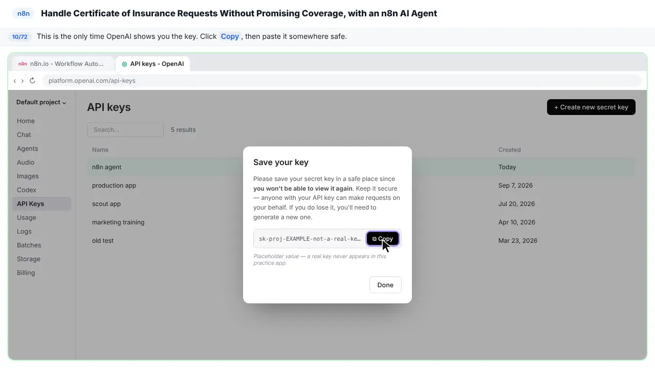The OpenAI API keys page in Stepthrough’s practice copy, step 10 of 72 (Copy it now): the cursor is on “Copy”, highlighted.