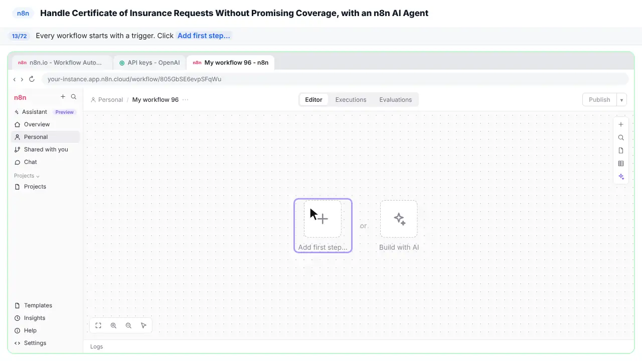 The n8n workflow canvas in Stepthrough’s practice copy, step 13 of 72 (Add the first step): the cursor is on “Add first step…”, highlighted.